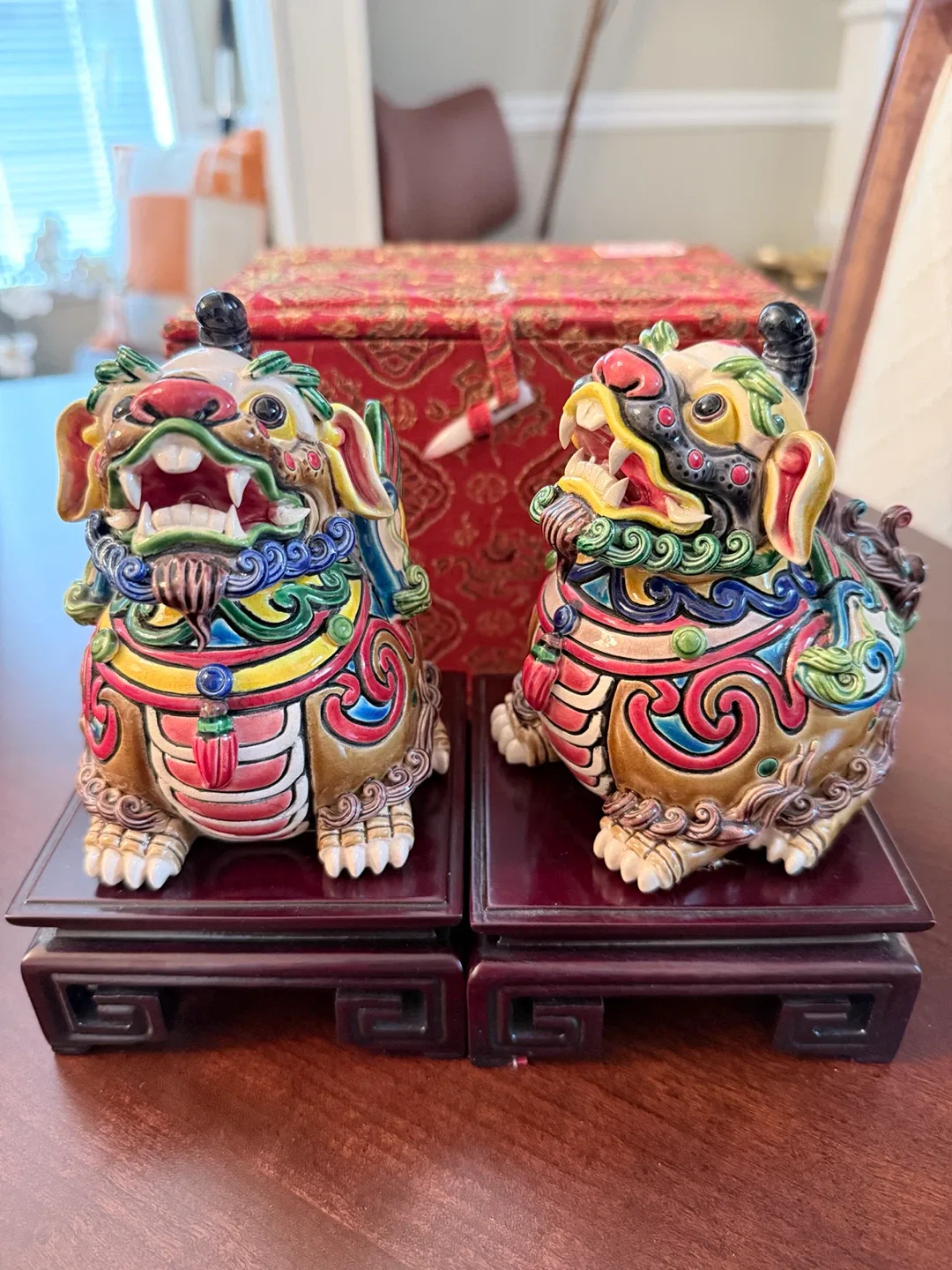 Pair Vintage Taiwan Cochin Koji Ceramic Foo Dog Lion Signed