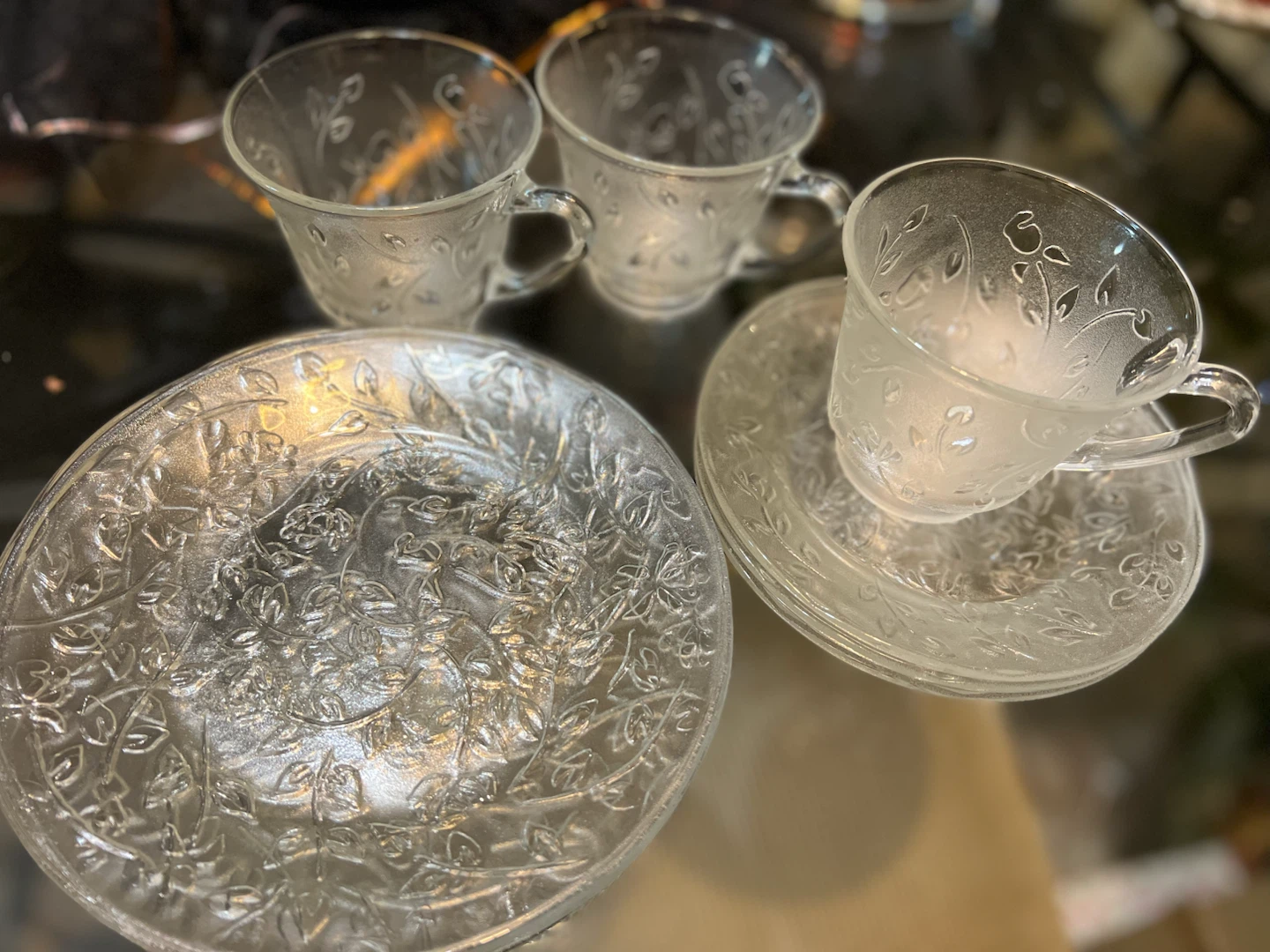 Frosted Glass Tea Cup and Saucer Set with Serving Plate