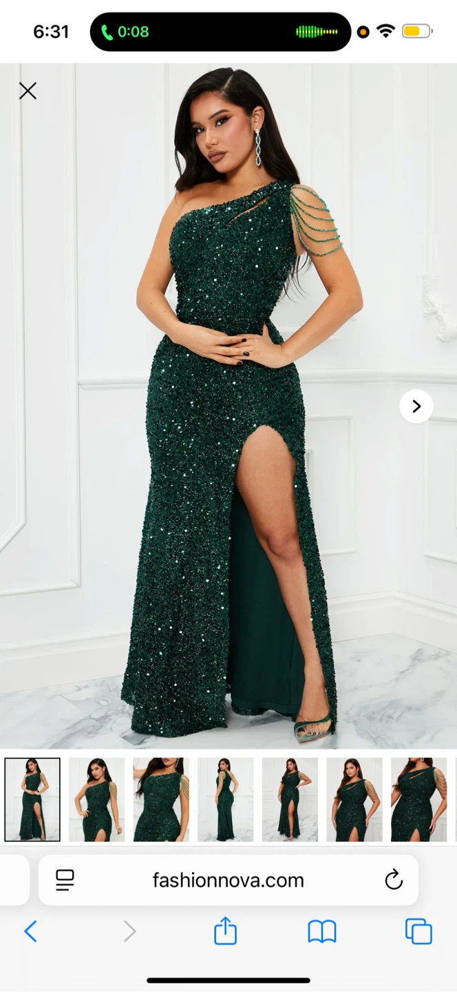 Fashion Nova Emerald Sequin One-Shoulder Gown