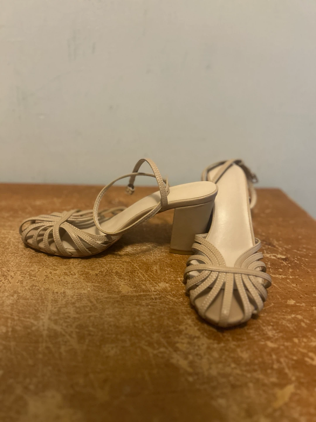 Women's Beige Strappy Block Heel Sandals - Size 8
