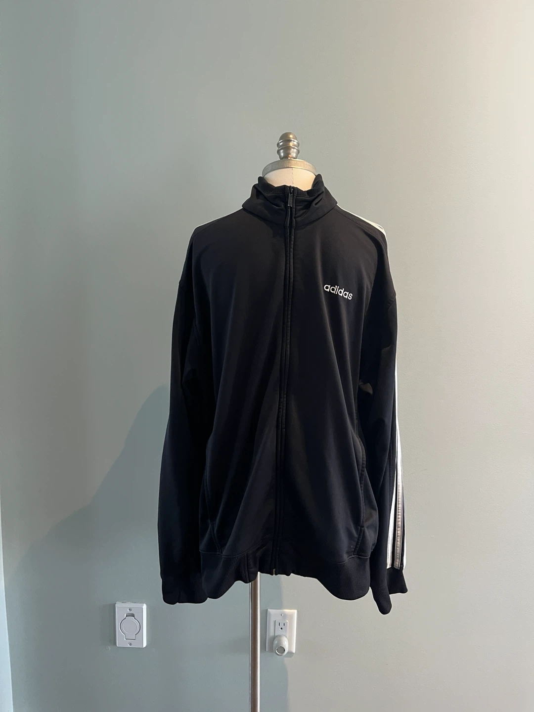 Adidas Track Jacket - Black with White Stripes - Size L