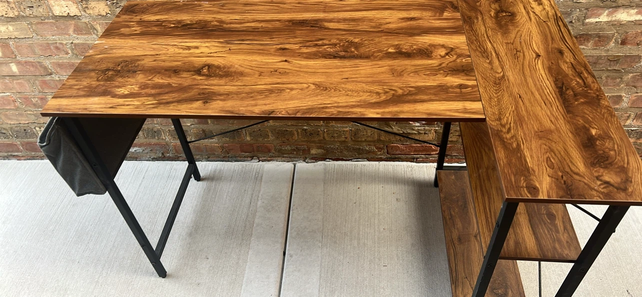 L-Shaped Wood Grain Desk with Storage Shelves