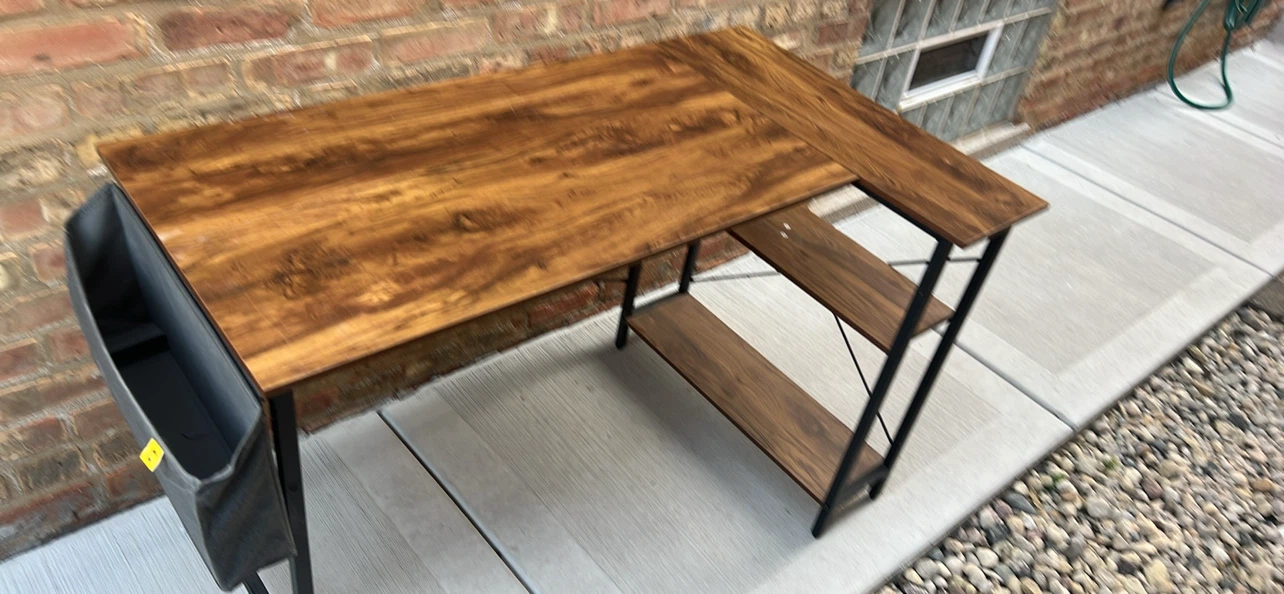 L-Shaped Wood Grain Desk with Storage Shelves - photo 3
