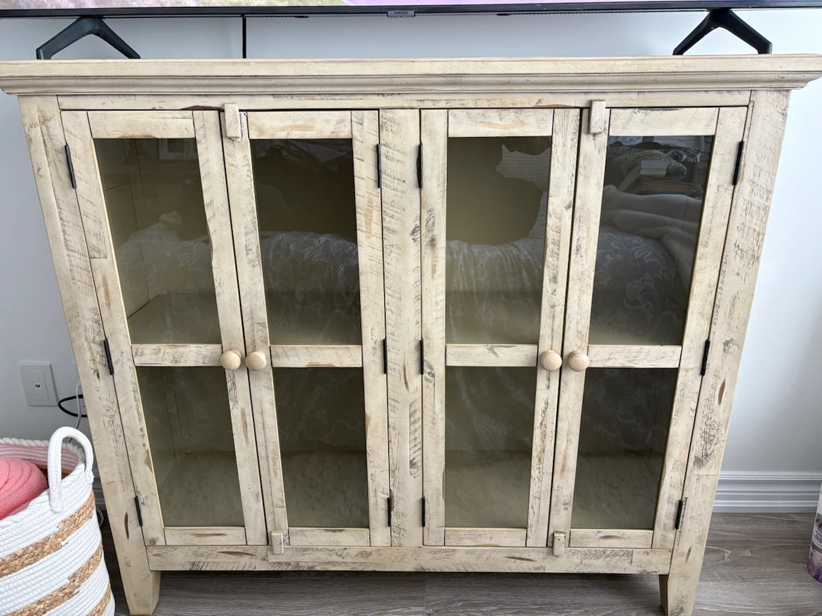Distressed Wood Display Cabinet with Glass Doors