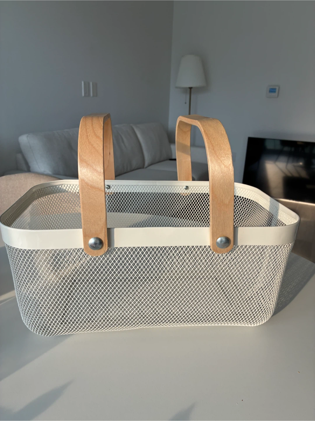 White Metal Storage Basket with Wooden Handles