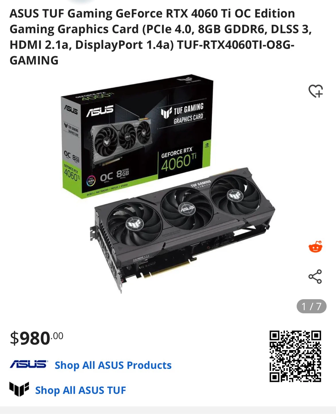ASUS TUF Gaming GeForce RTX 4060 Ti OC Edition Graphics Card