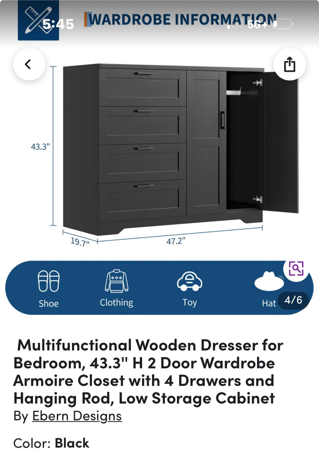 Ebern Designs Black Multifunctional Wooden Dresser Wardrobe