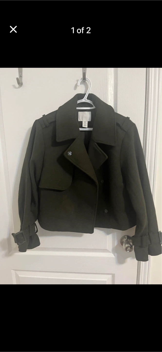 H&M Cropped Double-Breasted Jacket - Olive Green - XS