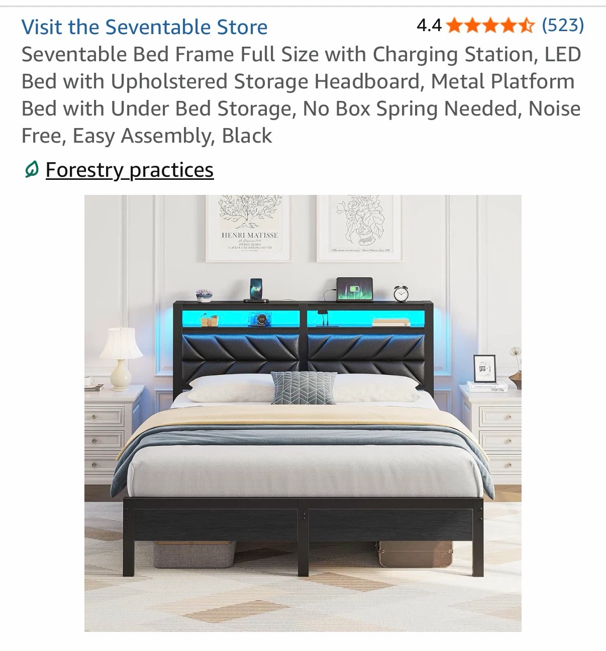 Full Size Bed Frame with Charging Station & LED Headboard