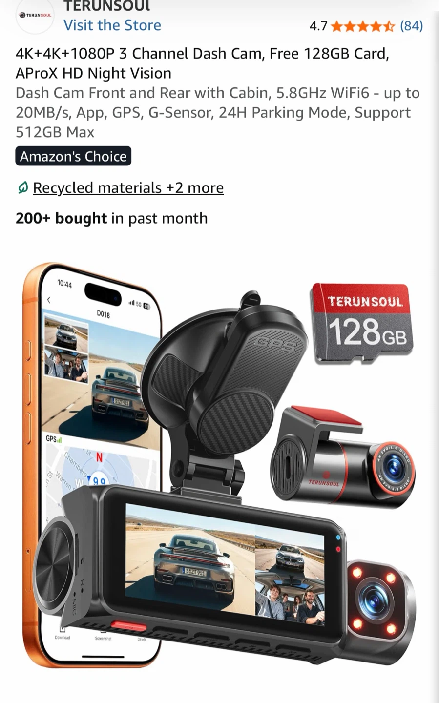TERUNSOUL 4K+4K+1080P 3 Channel Dash Cam with 128GB Card
