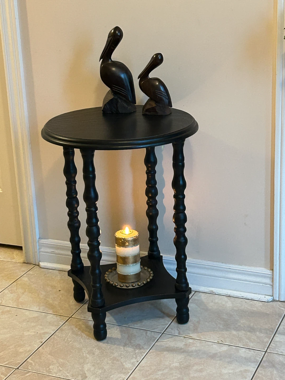 Black wooden side table two tiers