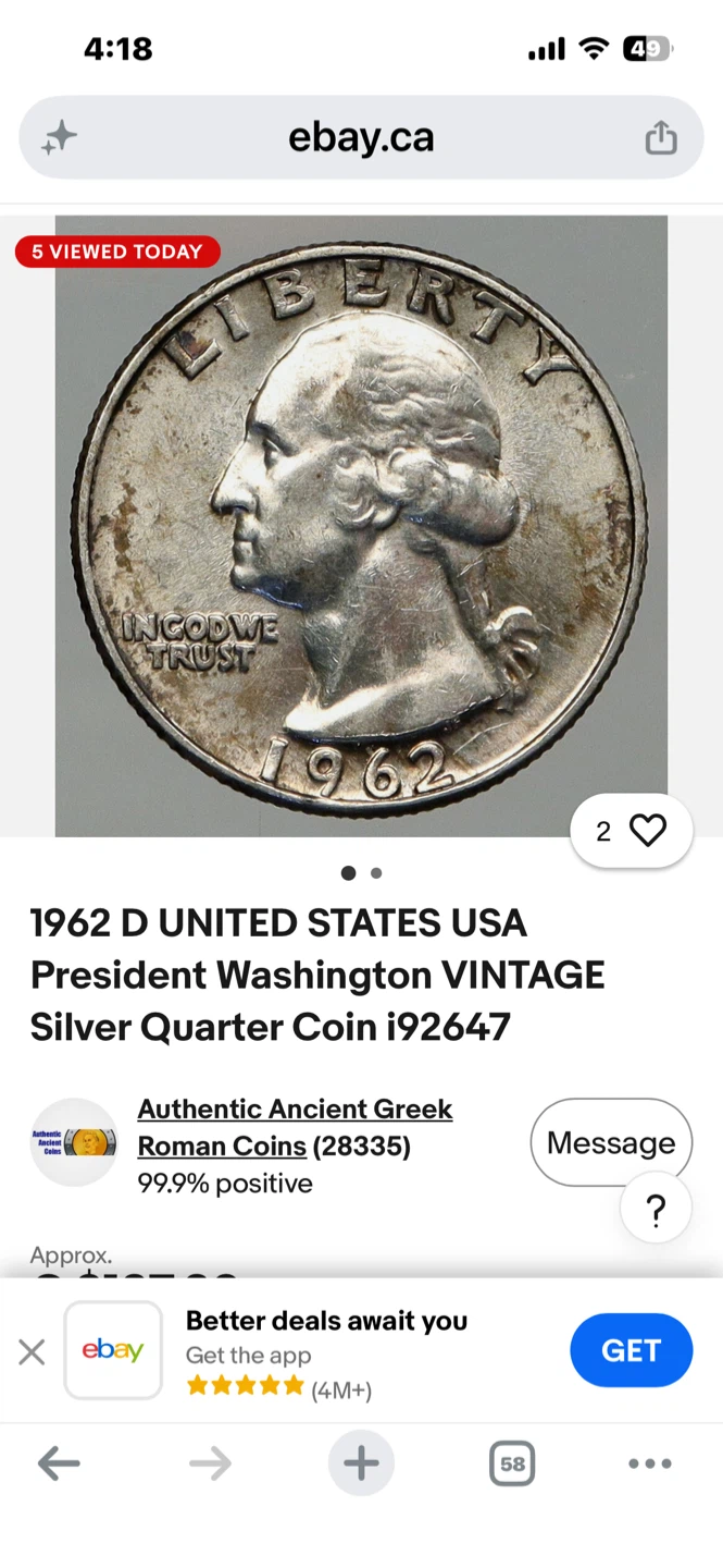 USA 🇺🇸 1962  Rarest  President Washington VINTAGE Silver Quarter - photo 2