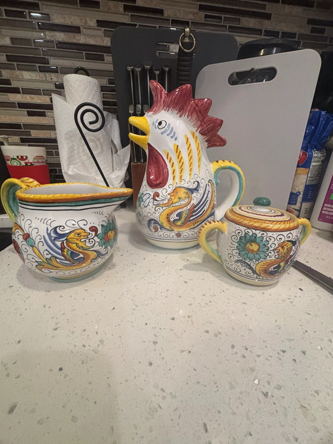 Vintage  Rooster pitcher,Creamer & Sugar Bowl Set.