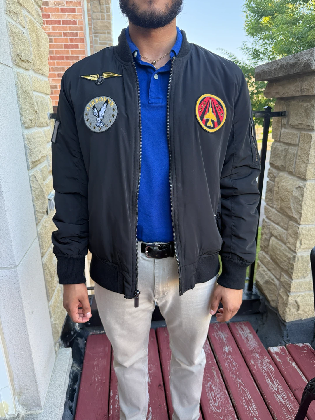 Men’s Black Bomber Jacket w/ Military Patches – Size M –