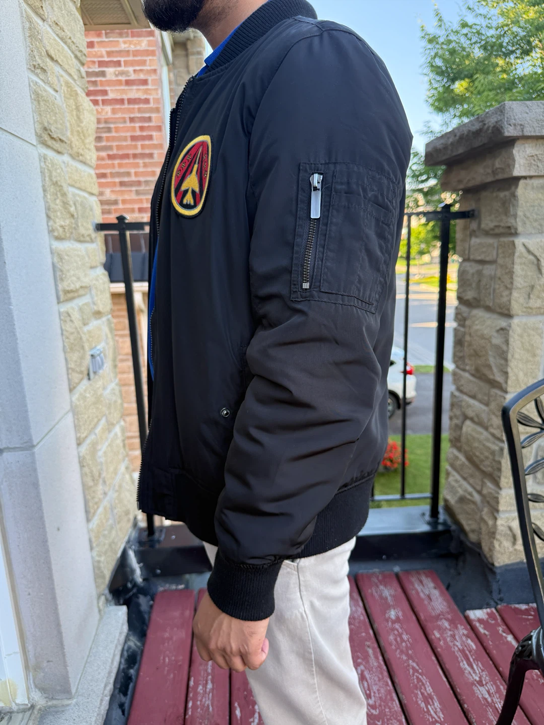 Men’s Black Bomber Jacket w/ Military Patches – Size M – - photo 2