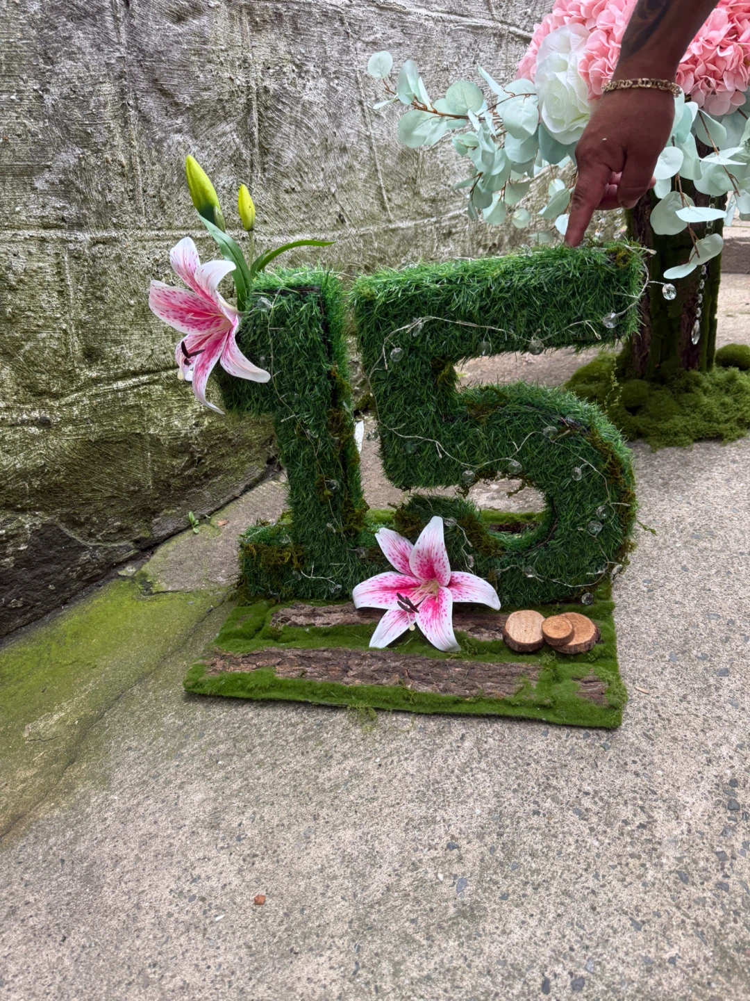 Moss Covered Number 15 Display with Lights and Flowers - photo 3