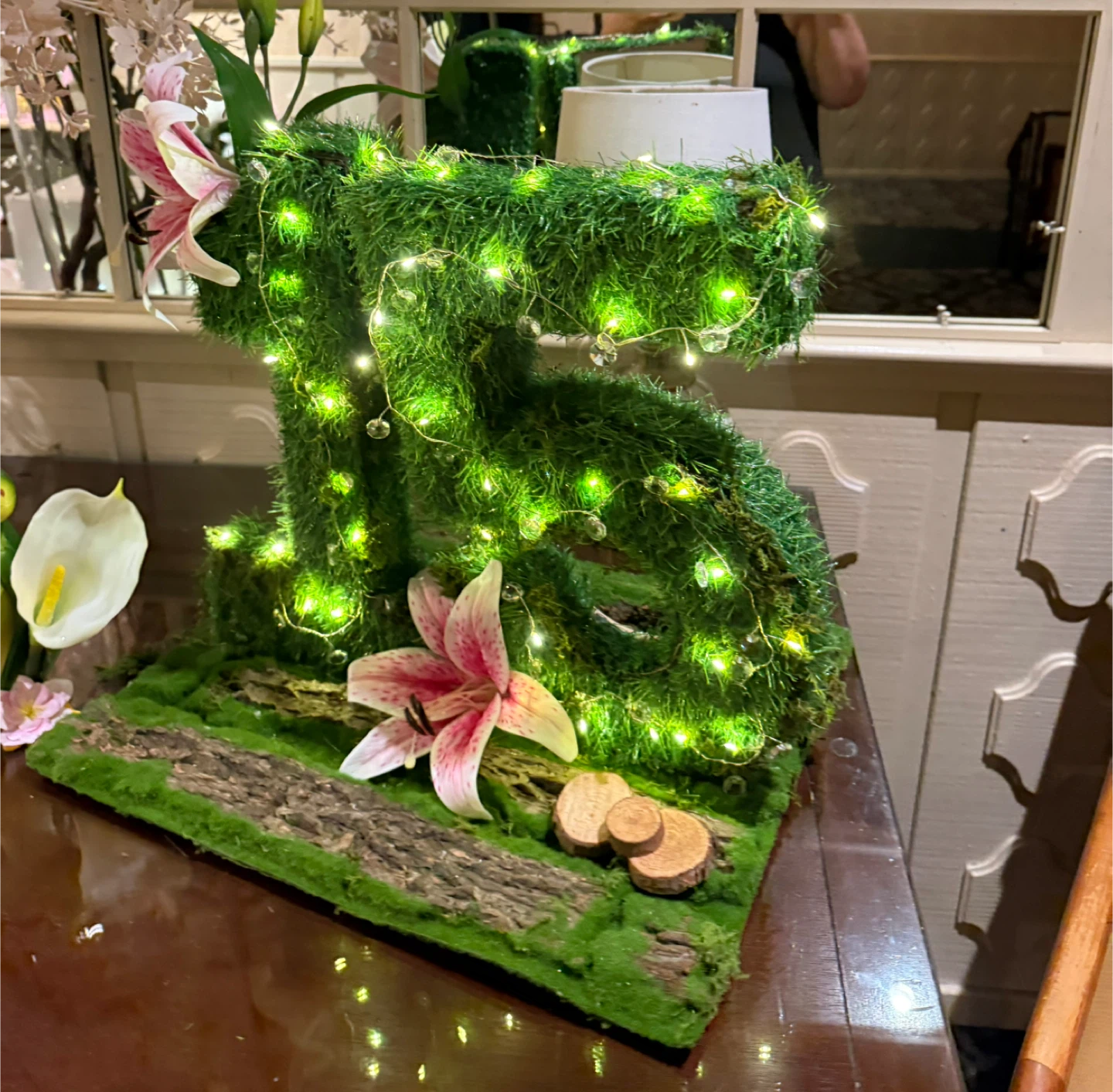 Moss Covered Number 15 Display with Lights and Flowers