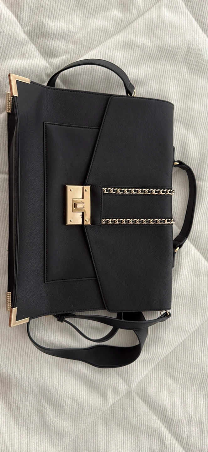 Black Faux Leather Handbag with Gold Accents