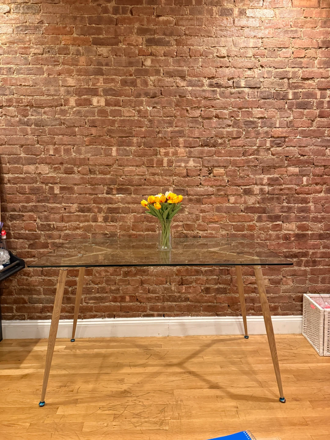 Glass Dining Table with Wood Legs
