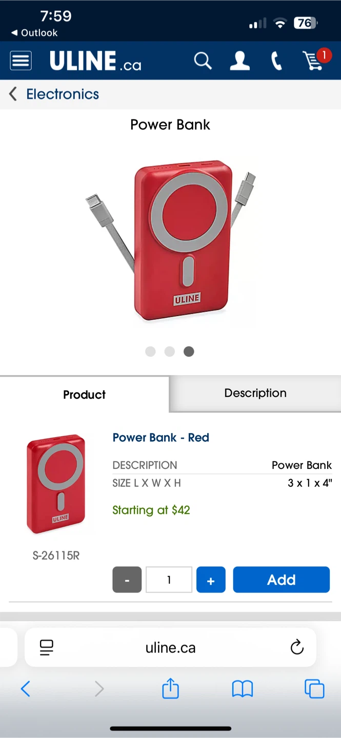 ULINE Red Power Bank 3 x 1 x 4"