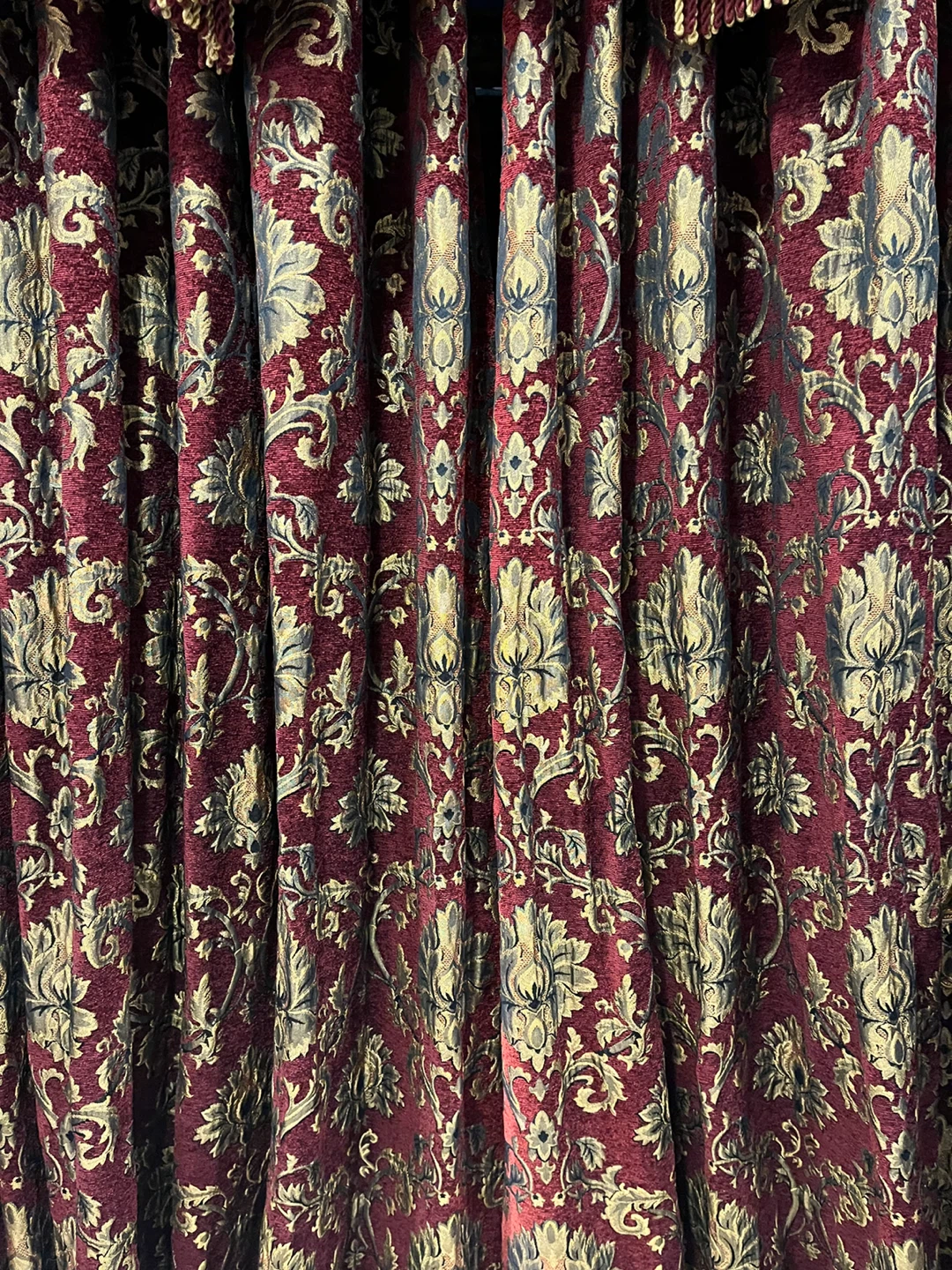 Burgundy Damask Curtains with Gold Fringe
