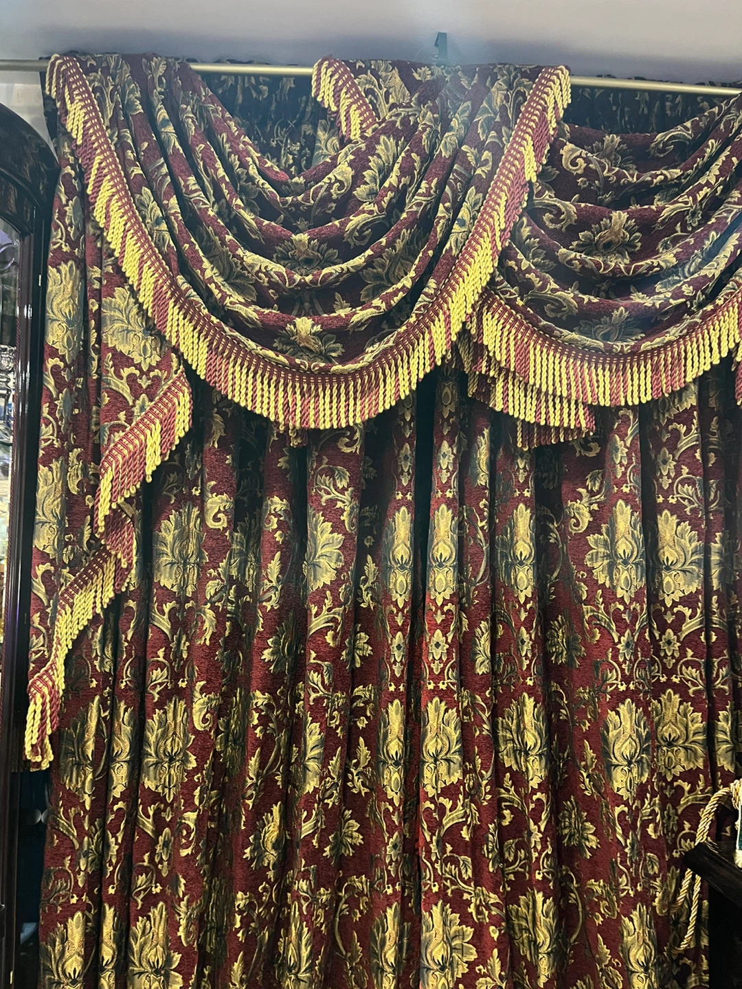 Burgundy Damask Curtains with Gold Fringe - photo 2