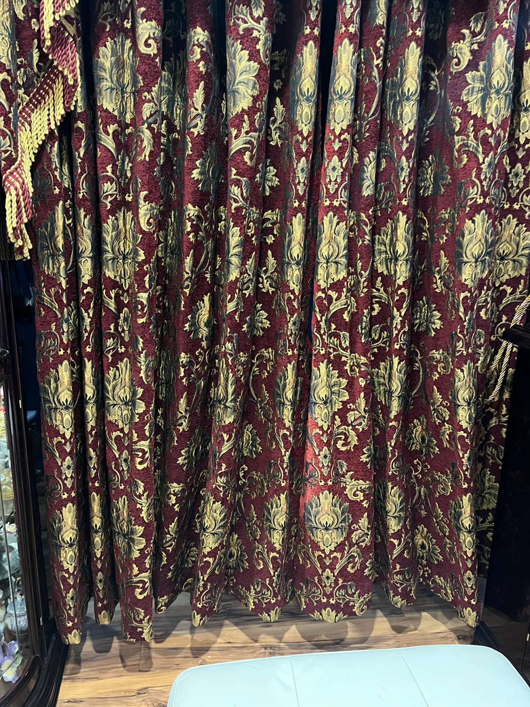 Burgundy Damask Curtains with Gold Fringe - photo 3