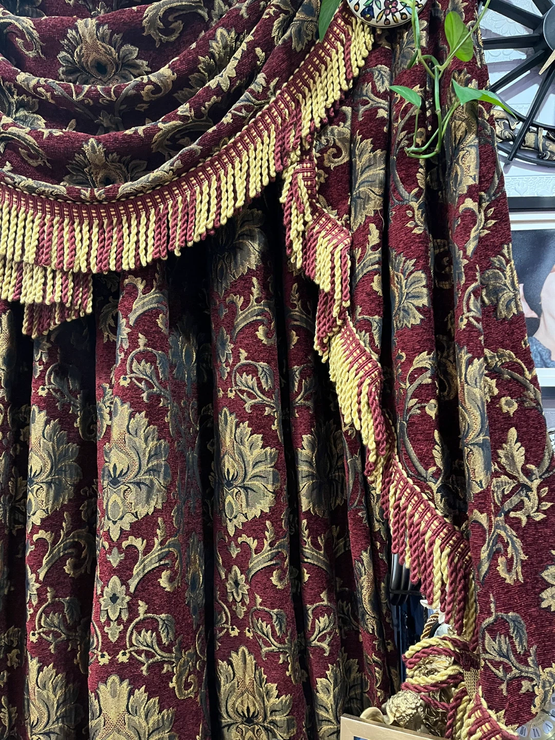 Burgundy Damask Curtains with Gold Fringe - photo 4