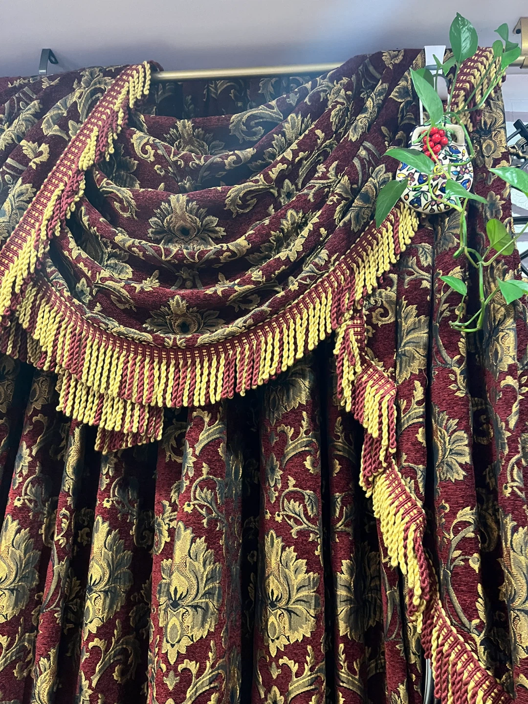 Burgundy Damask Curtains with Gold Fringe - photo 5
