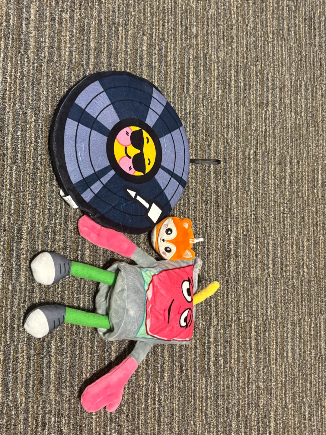 Plush toys: record, juice box, fox