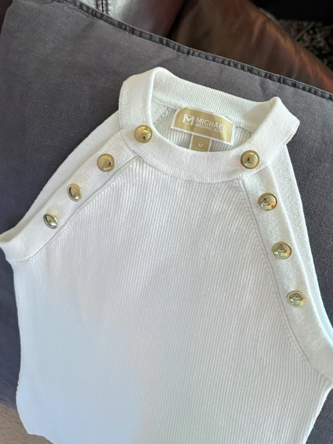 Michael Kors White Ribbed Halter Top GoldButtons Medium