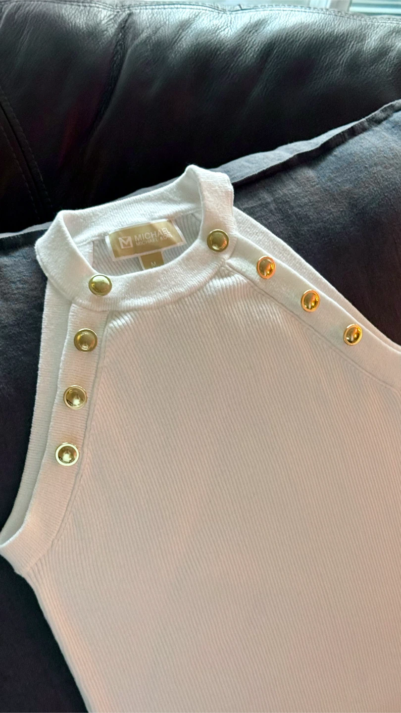 Michael Kors White Ribbed Halter Top GoldButtons Medium - photo 2
