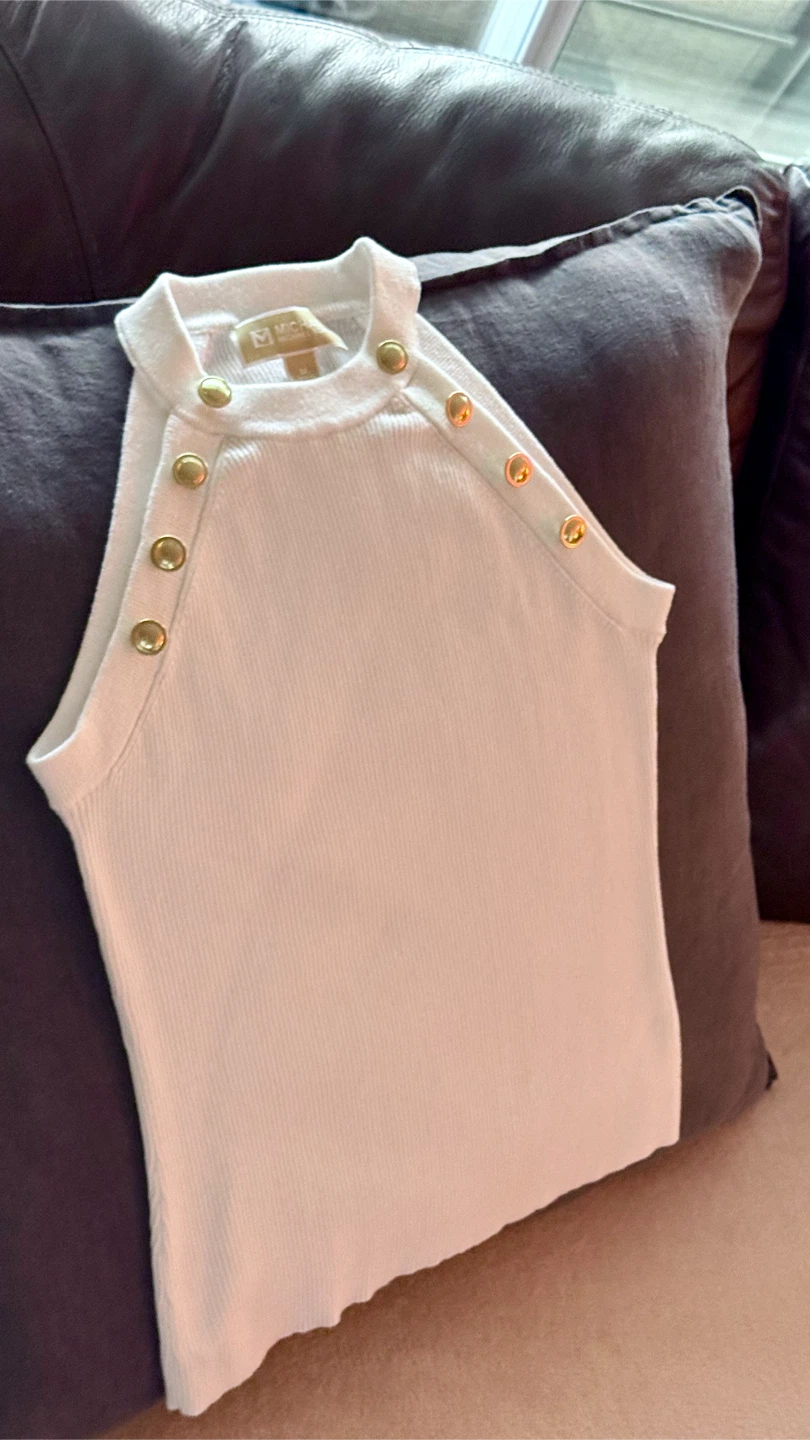 Michael Kors White Ribbed Halter Top GoldButtons Medium - photo 4
