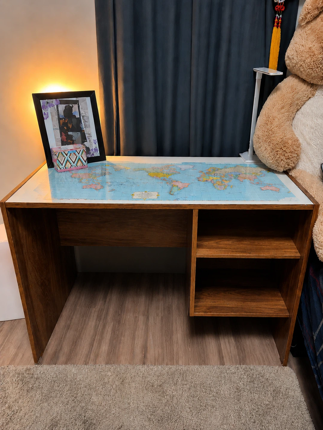 Wooden Desk with World Map Top