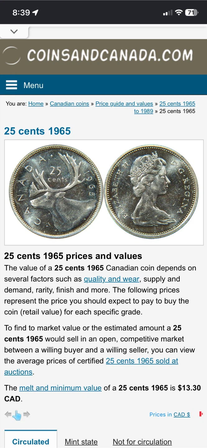 🇨🇦🪙 1965 Canadian Silver 25-Cent Coin – 80% Silver
