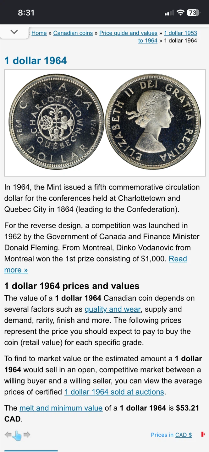 🇨🇦 1964 Canadian Silver Dollar – | 80% Silver 🪙