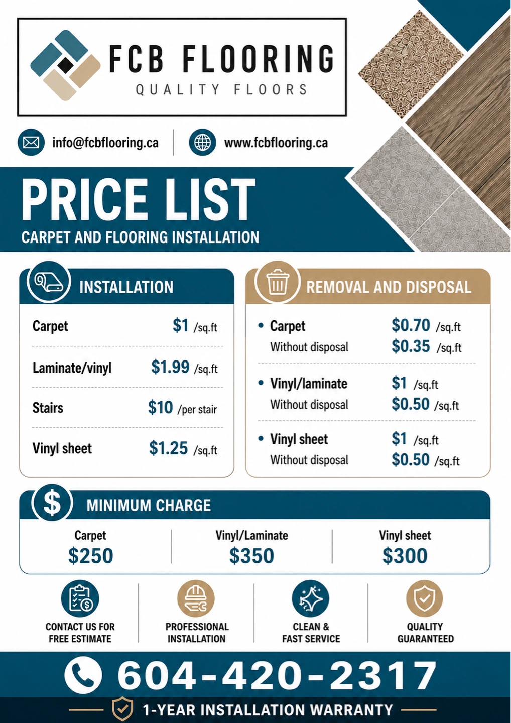FCB Flooring Installation Price List
