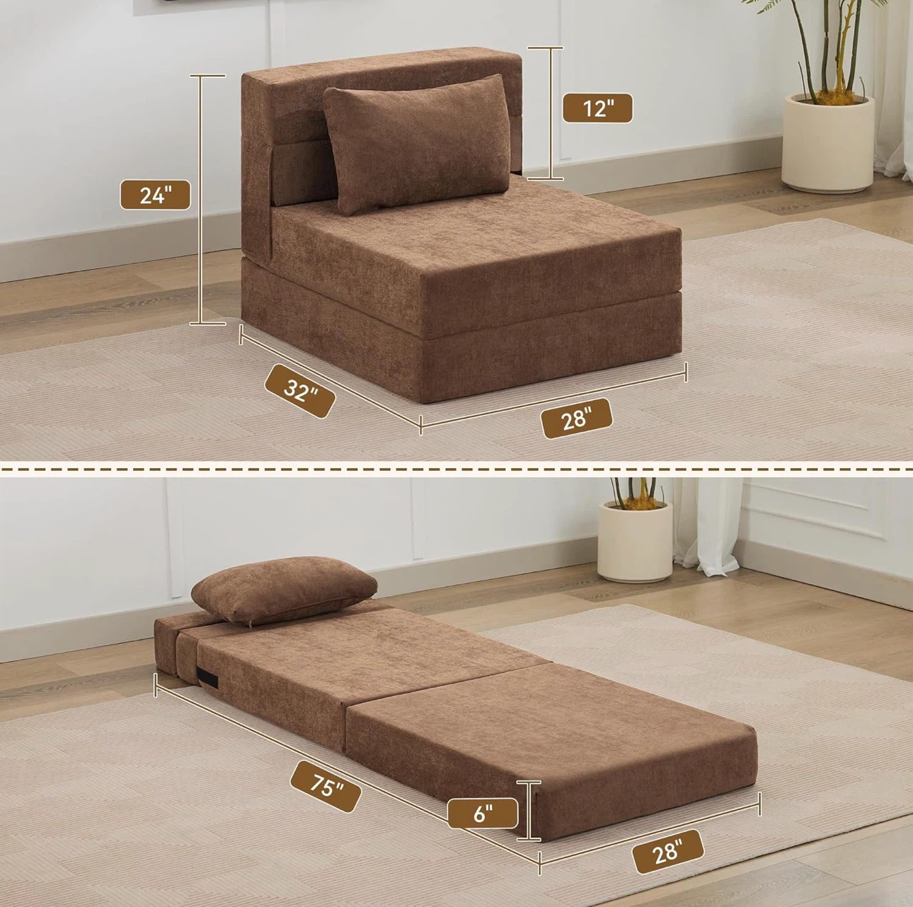 3-in-1 Folding Sofa Bed with Pillow - Brown - photo 2