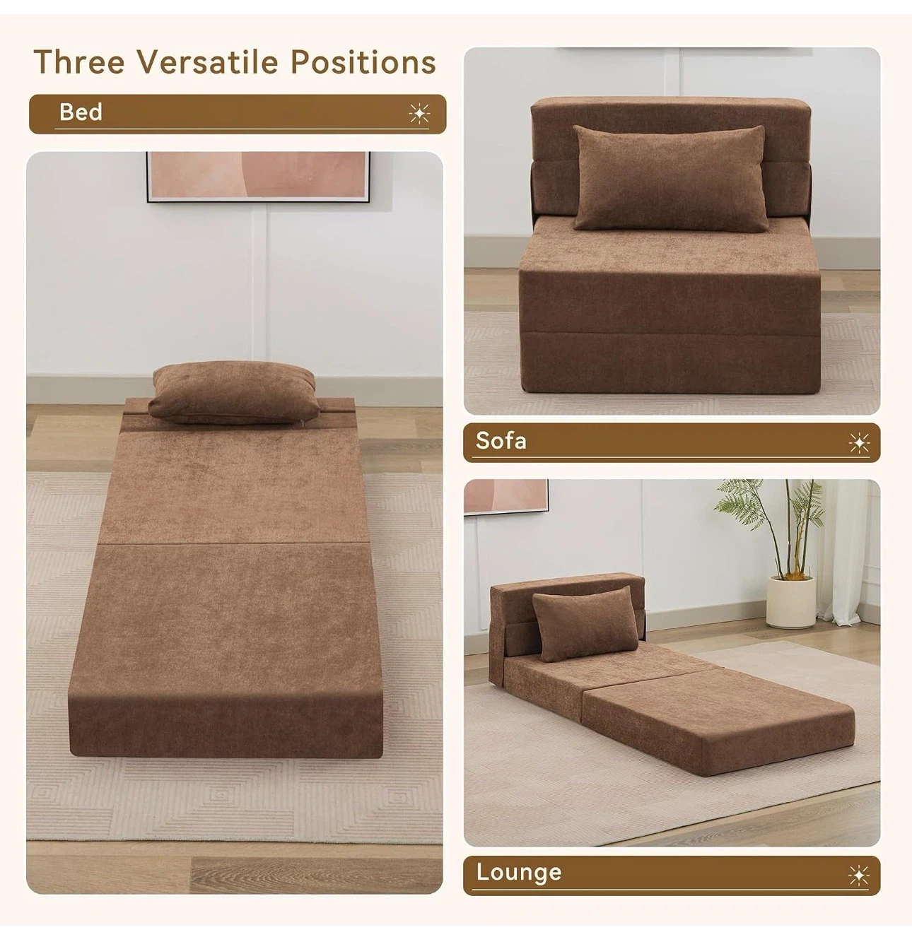 3-in-1 Folding Sofa Bed with Pillow - Brown - photo 4