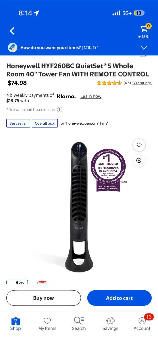 Honeywell QuietSet 5 Whole Room 40" Tower Fan with Remote