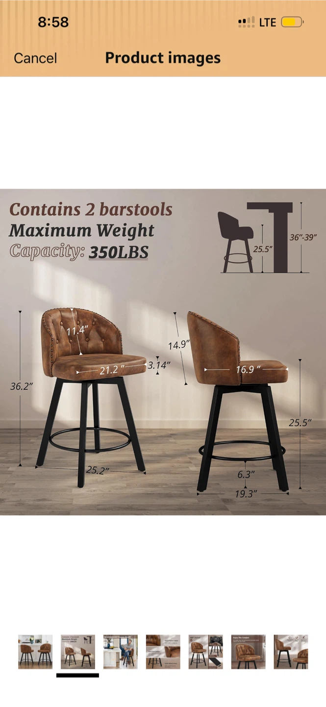 Set of 2 Brown Faux Leather Counter Height Bar Stools - 26" - photo 5