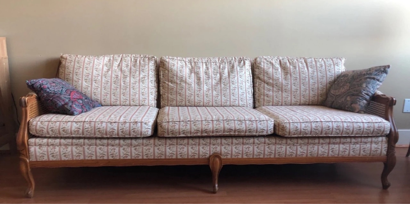 Vintage Cane Sofa with Floral Upholstery