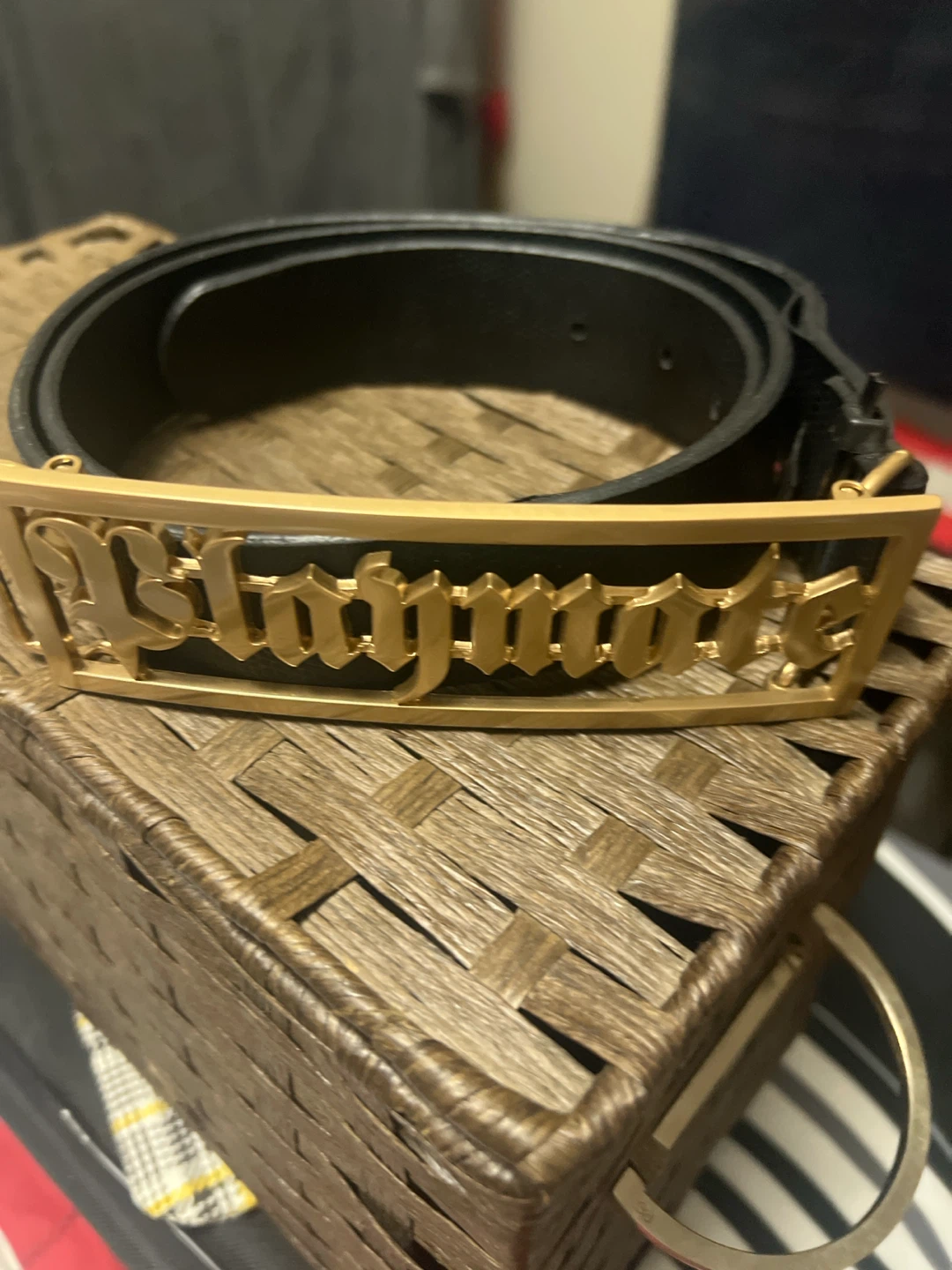 Gold Tone "Playmate" Belt Buckle with Black Leather Belt