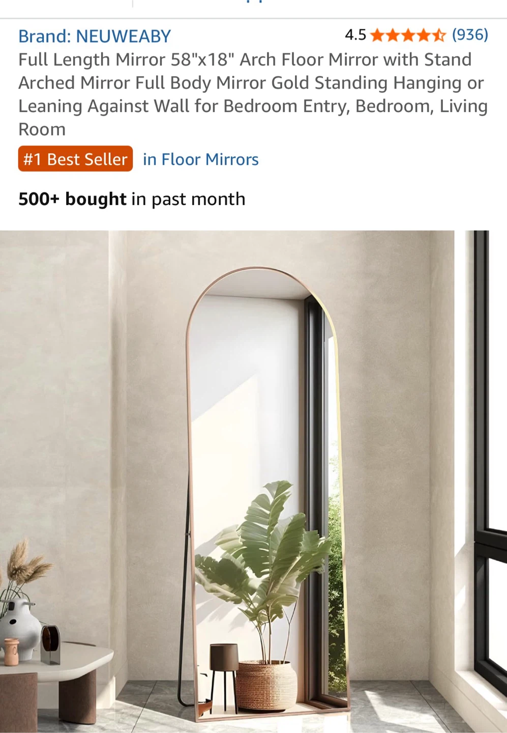NEUWEABY Gold Arch Floor Mirror 58"x18"
