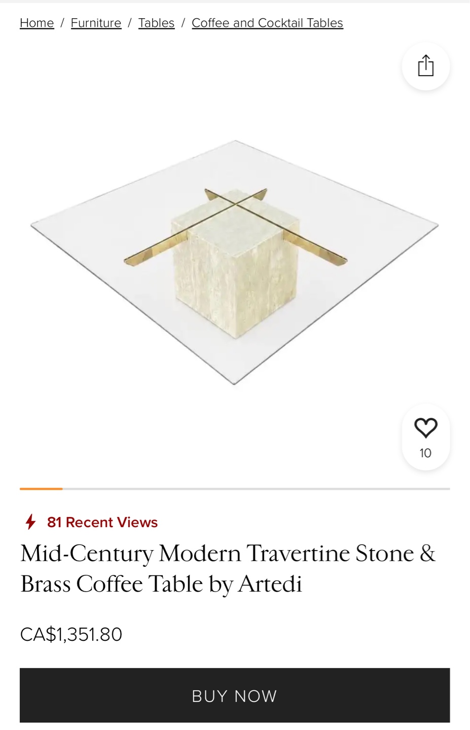Artedi Mid-Century Modern Travertine Stone & Brass Coffee Table