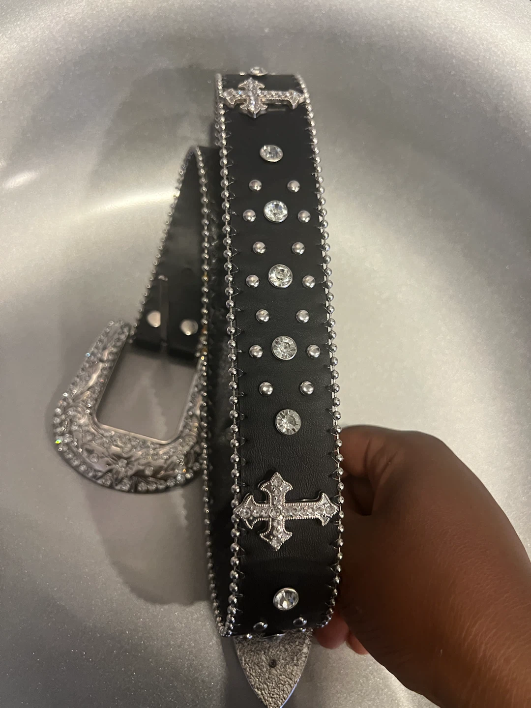 Black Embellished Belt with Rhinestones and Crosses