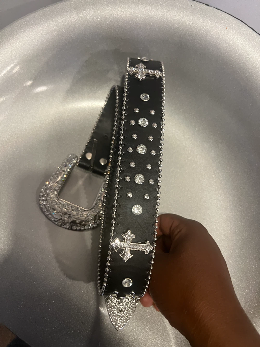 Black Embellished Belt with Rhinestones and Crosses - photo 2