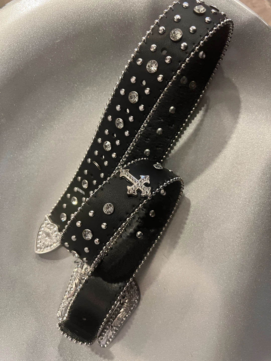 Black Embellished Belt with Rhinestones and Crosses - photo 3