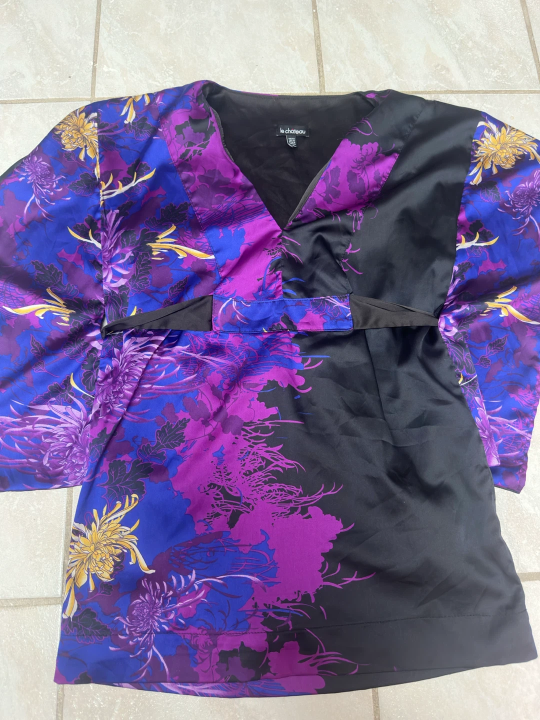 y2k Le Chateau Black & Purple Floral Kimono Sleeve Top