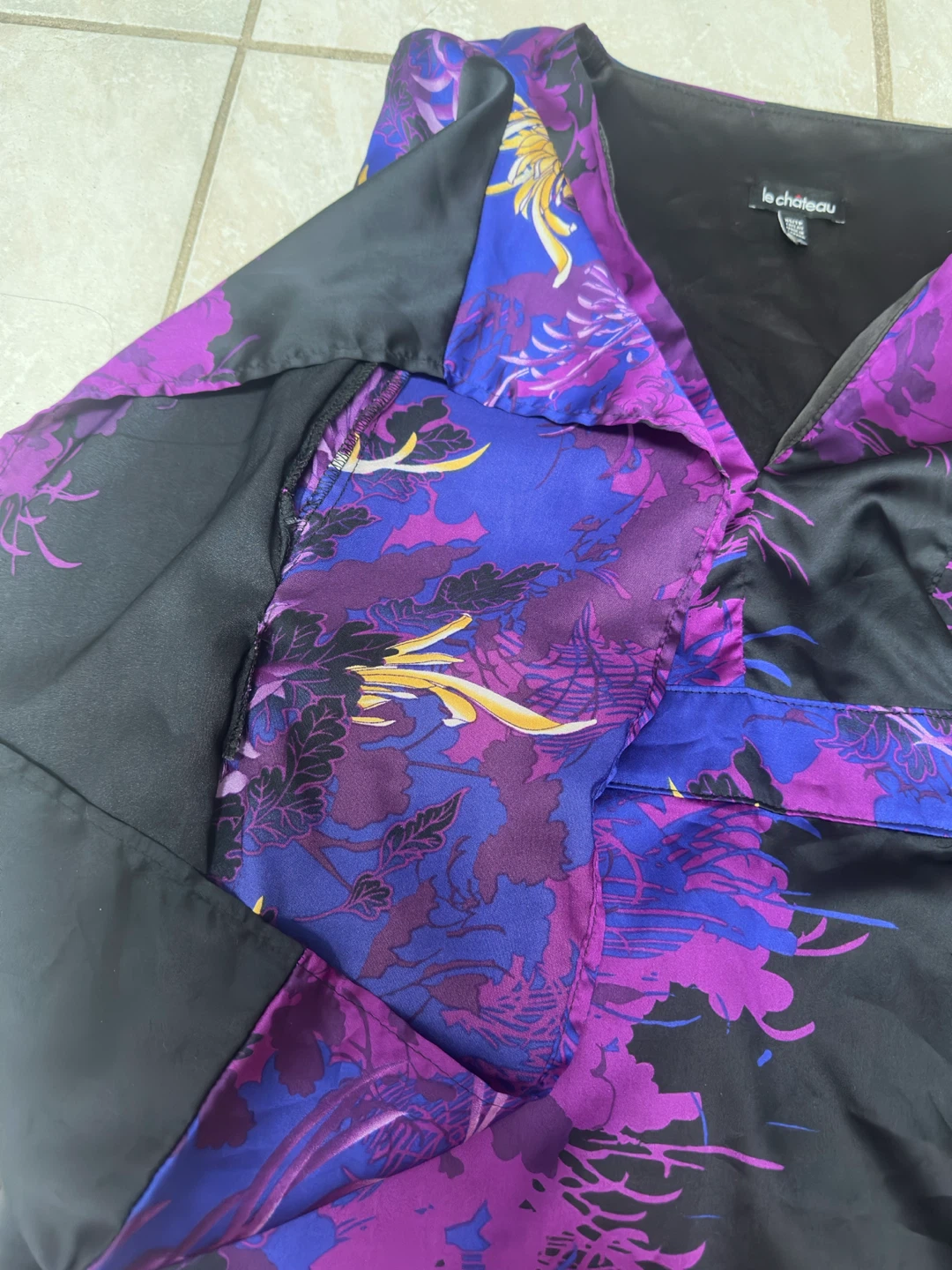 y2k Le Chateau Black & Purple Floral Kimono Sleeve Top - photo 2